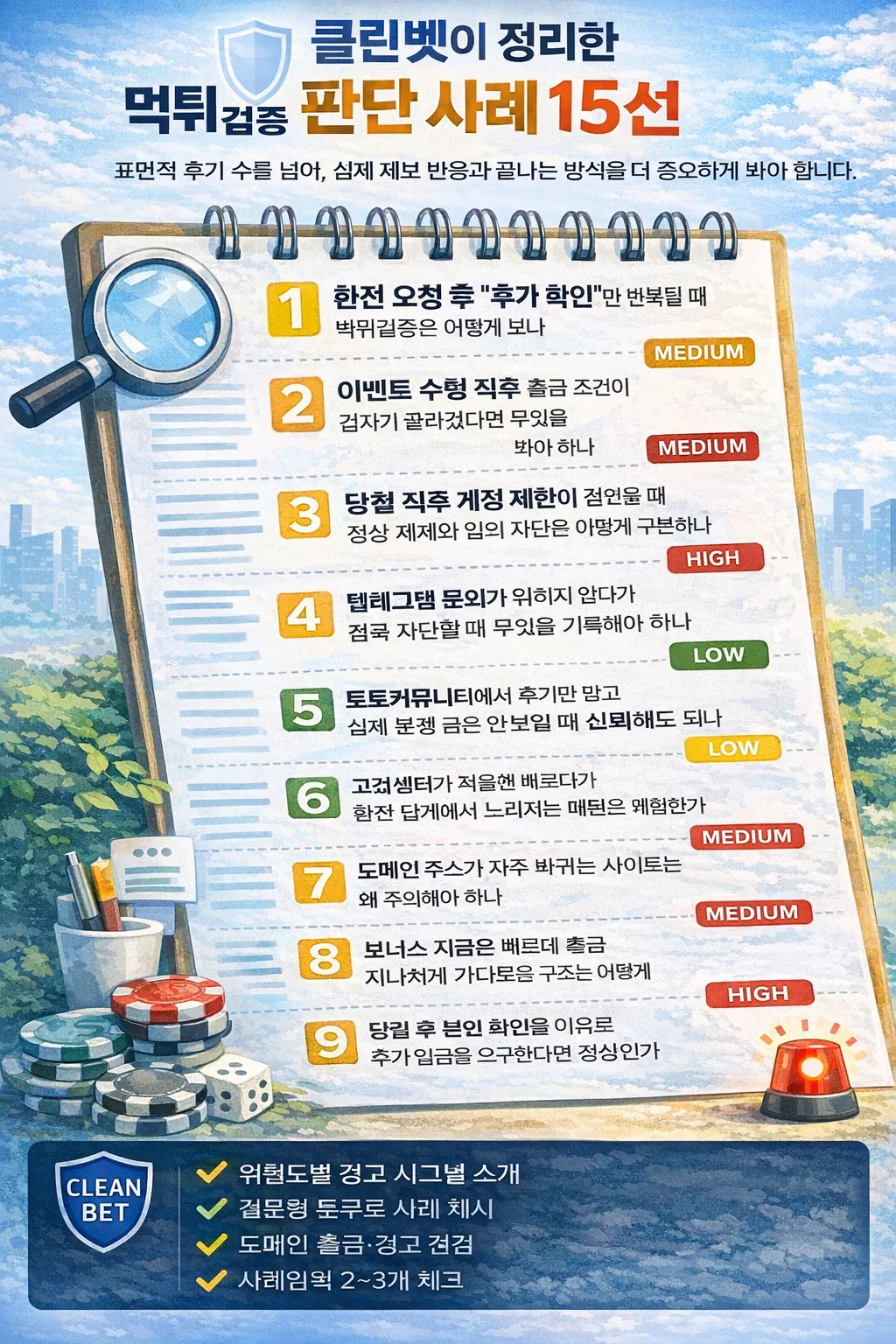 클린벳 먹튀검증 판단에 필요한 대표 사례 15선을 요약한 정리형 포스터 이미지
