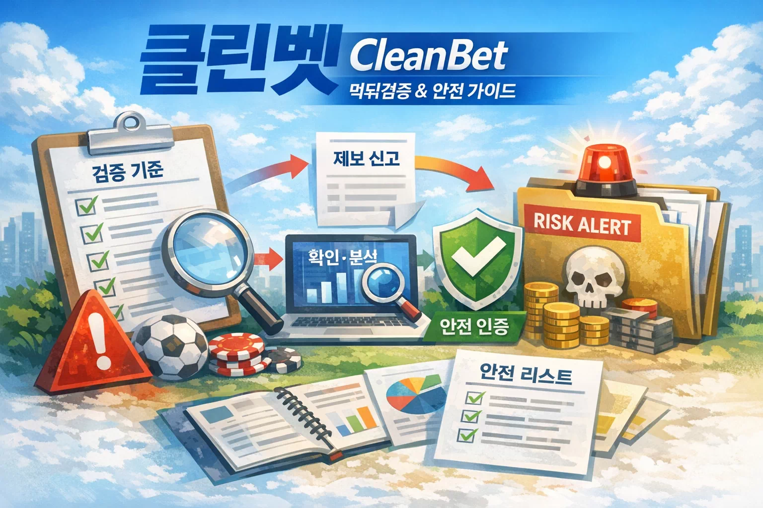 클린벳 먹튀검증 기준과 안전 판단 가이드를 보여주는 밝은 메인 허브 이미지